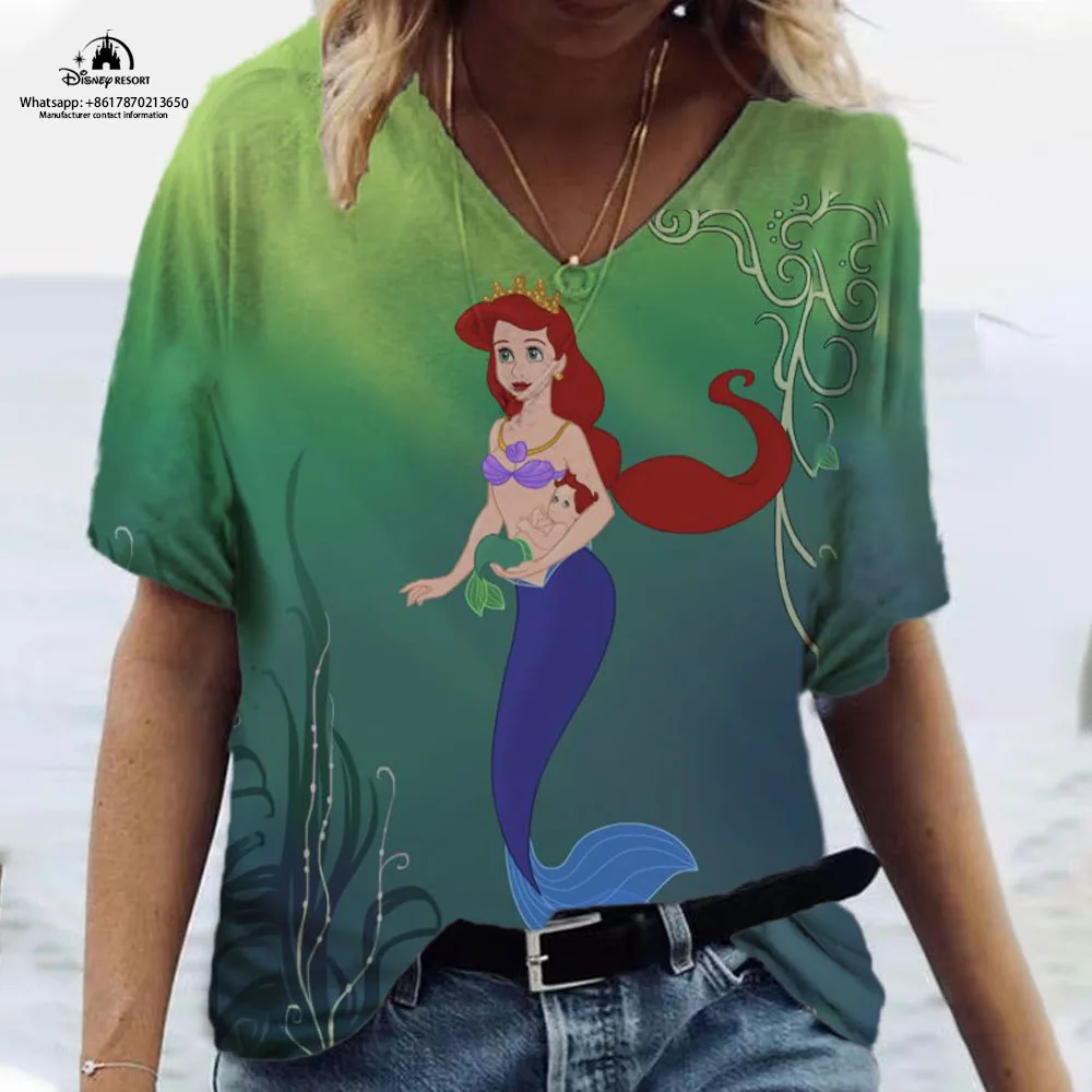 Disney brand Ariel mermaid animation print 2023 summer new street shooting beach party ladies top short-sleeved T-shirt