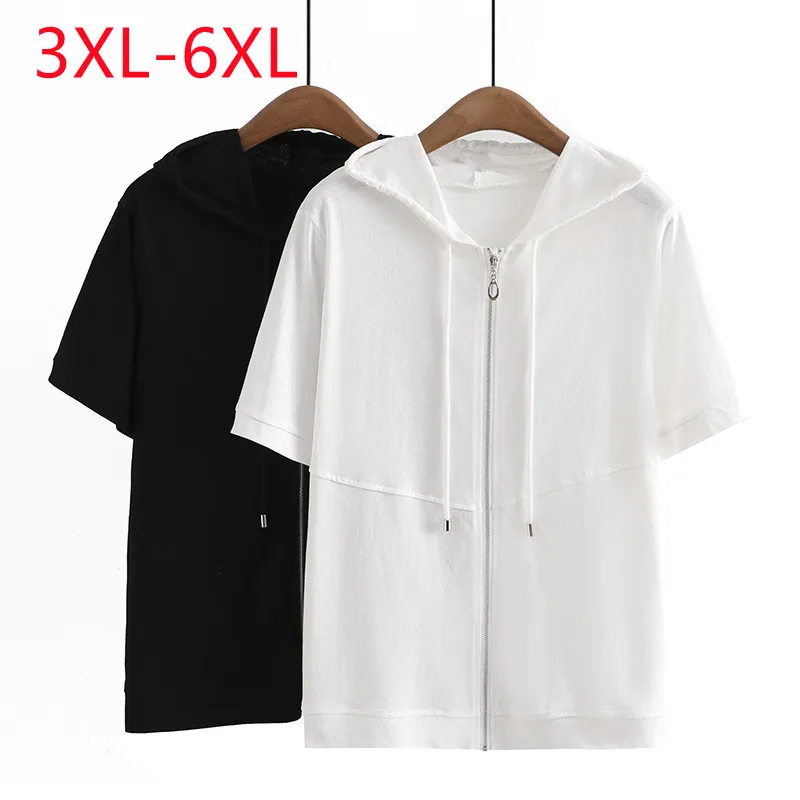 New 2023 Ladies Spring Summer Plus Size Tops For Women Large Size Short Sleeve O-neck Zipper Hooded T-shirt 3XL 4XL 5XL 6XL