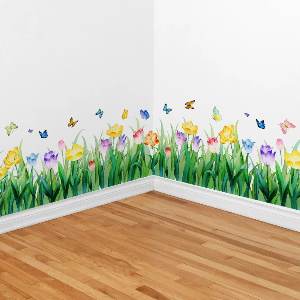 2 Sheets Wall Stickers-Plant Butterfly and Flower Skirting Board for Living Room Background Wall Room Decoration