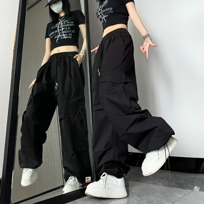 Summer Cargo Pants Women's Elastic High Waist Drawstring Solid Spliced Pockets Loose Breathable Straight Hip Hop Casual Trousers