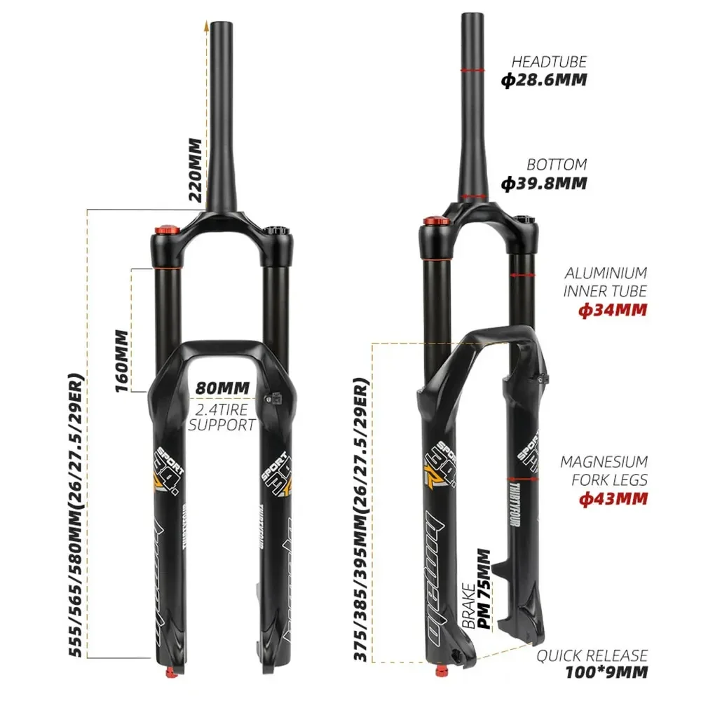 HIMALO MTB Air Fork with Rebound Adjustment Front Suspension 160mm Travel 34MM 26 27.5/29er Tapered Bicycle Quick Release