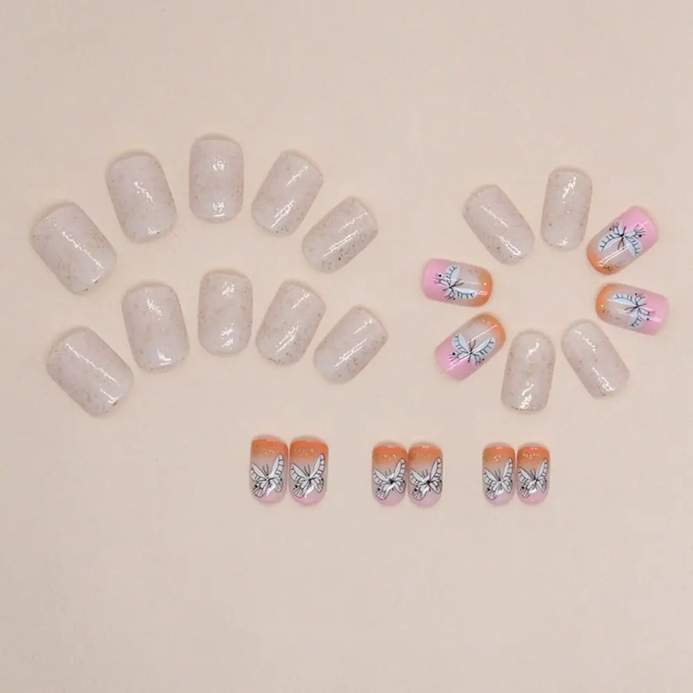 Fashion Short Round False Nails Bear French Fake Nails Full Cover Glitter Butterfly Nail Tips for Salon