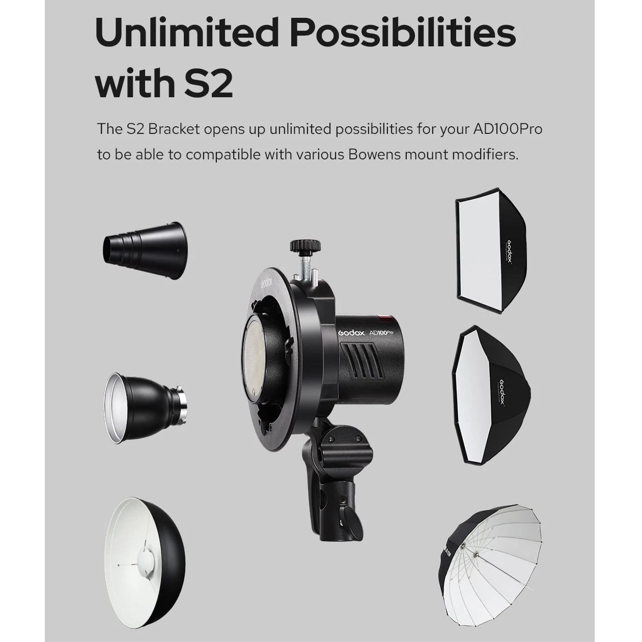 Godox AD100Pro Flash Accessory AK-R22 Silicone Dome Diffuser Ball AK-R1 Barn Door Snoot Reflector Color Filter Kit S2 Bracket