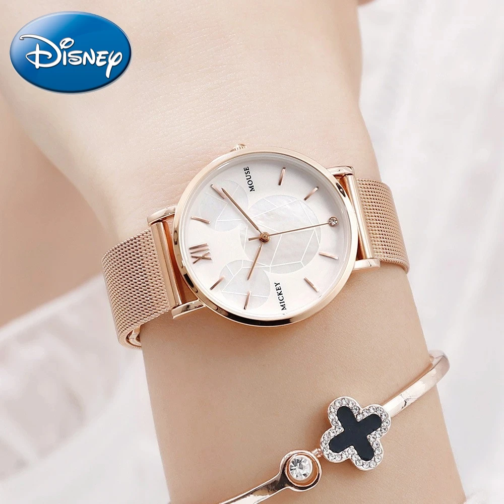 Reloj de cuarzo con cabeza de Mickey Mouse de Disney, esfera redonda estampada, regalo para niñas jóvenes y coloridas para niños