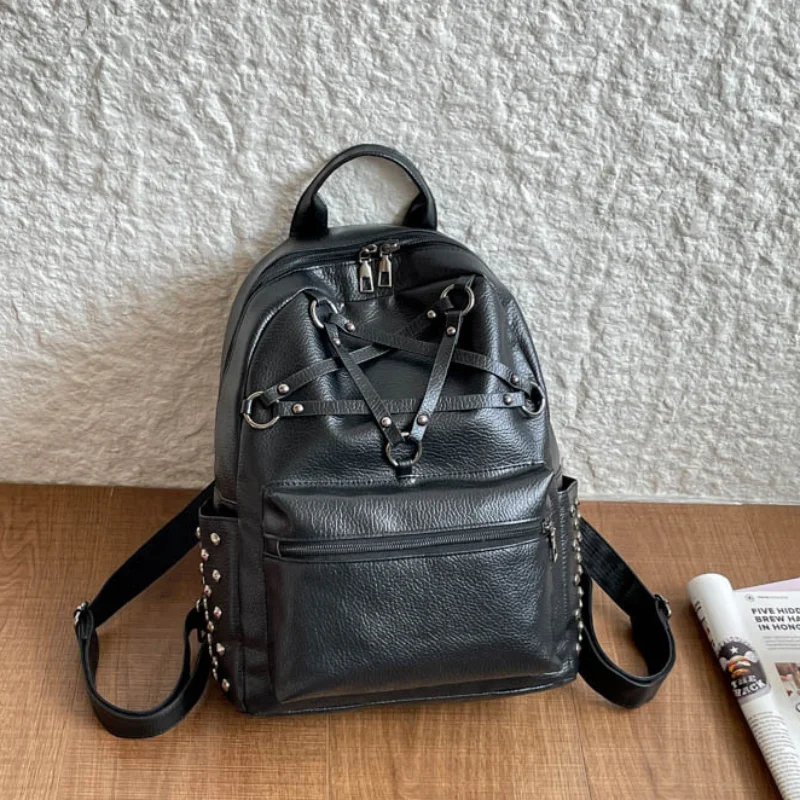 Retro Studded Belt Decoration Backpack Solid Color Large Capacity Leather Travel Bag Street Trend Multi Pocket Student Backpack