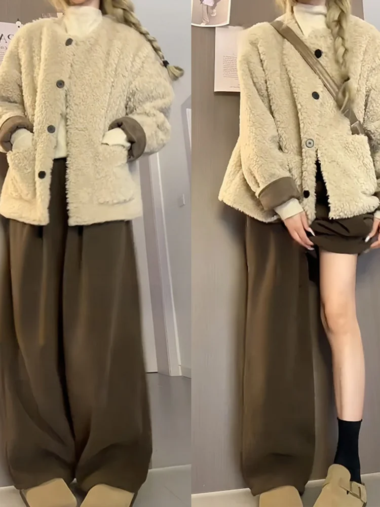 

Коричневые широкие брюки женские, весна 2026, модные, с высокой талией, струящиеся, прямые, повседневные, на флисе