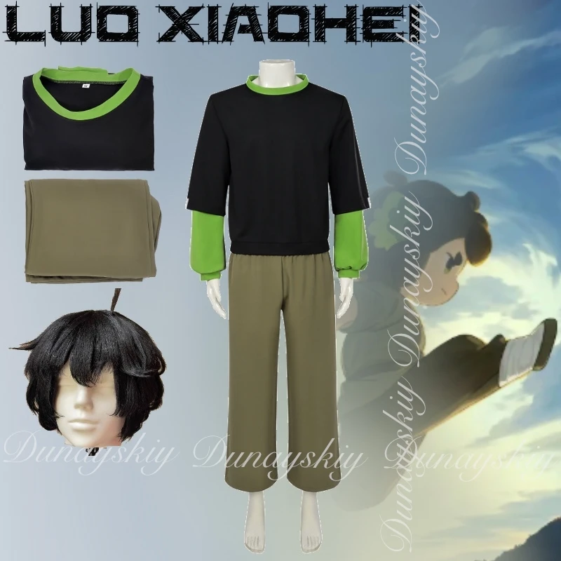 

The Legend of Hei II Аниме Luo Xiaohei Косплей Полный комплект - Черный короткий вьющийся парик и черно-зеленый костюм рубашки Аниме Косплей