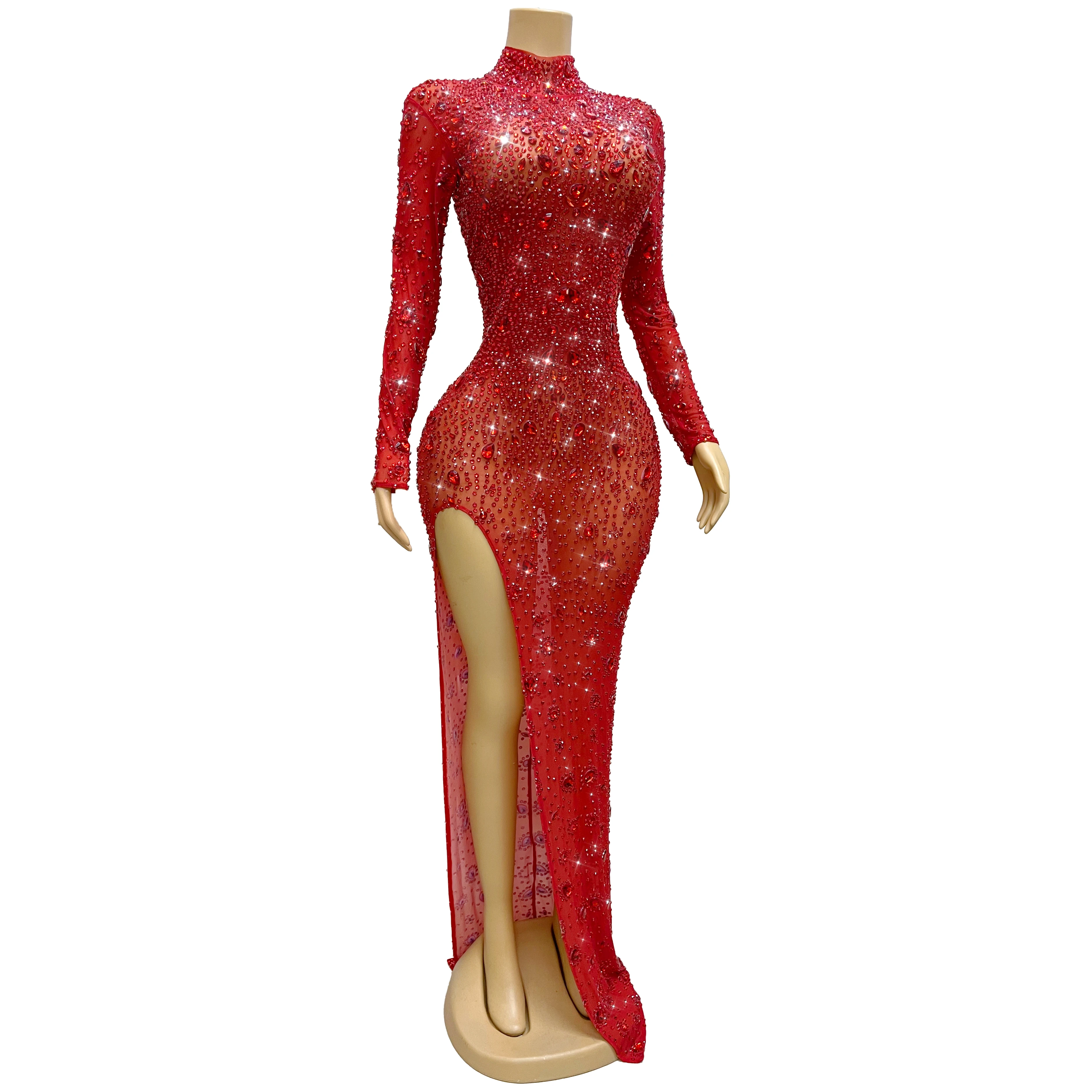 Fashion Shining Full Red Rhinestones Sexy High split Mesh Dress Evening Cocktail Party Gown Red carpet Stage Outfit Hongmanxion view 4