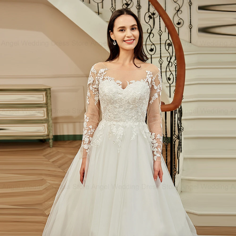 Angelo personalizado elegante vestido de casamento de manga longa colher ilusão volta a linha apliques vestidos de noiva tule com trem varredura