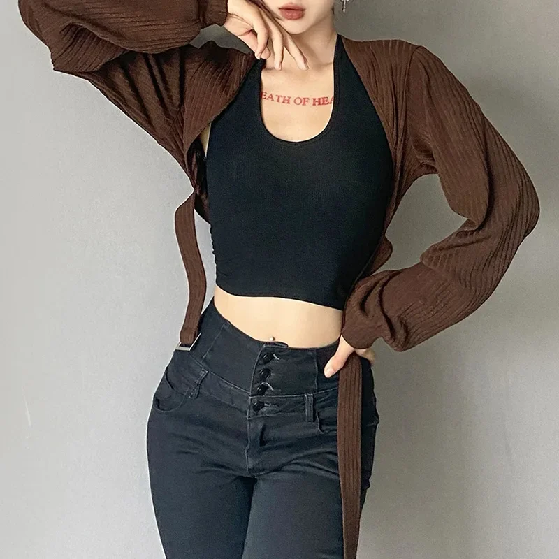 2023 Autumn New Women's Solid Color Slim Body Navel Fashion Lantern Sleeve Cardigan Long-sleeved Casual Short Jacket Women