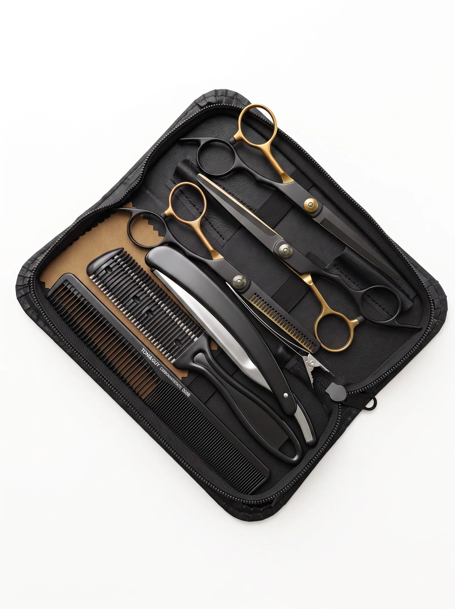 Friseur-Haarschneidescheren-Set, Effilierscheren, Rasiermesser, Kämme, Salon-Haarschneidewerkzeug-Kit mit Aufbewahrungstasche – Detail 3