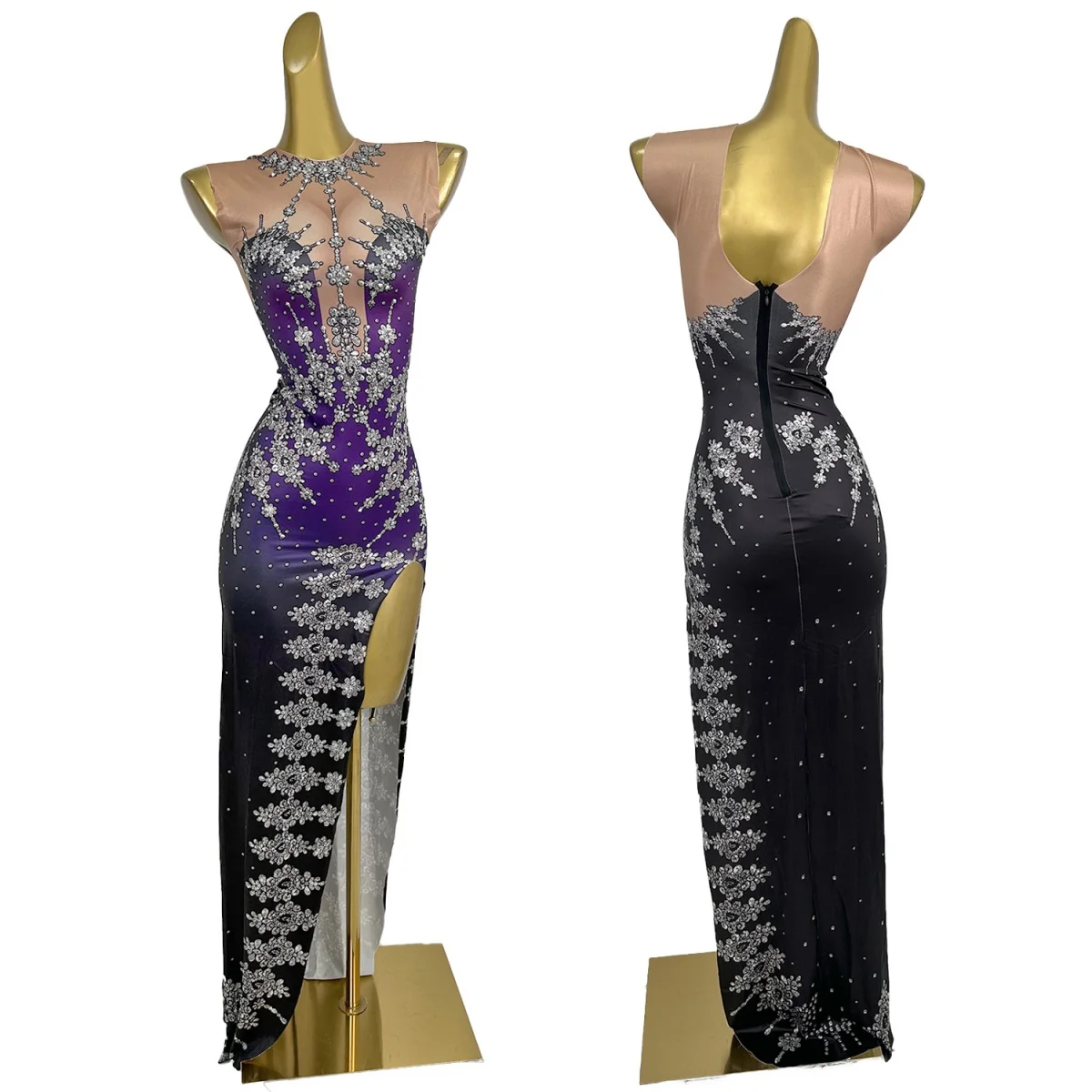 

Purple Crystal Pure White Elegant Evening Dress Tight Spandex Elastic Side Slits Gown Festival Celebrate Party Outfit Chunbai