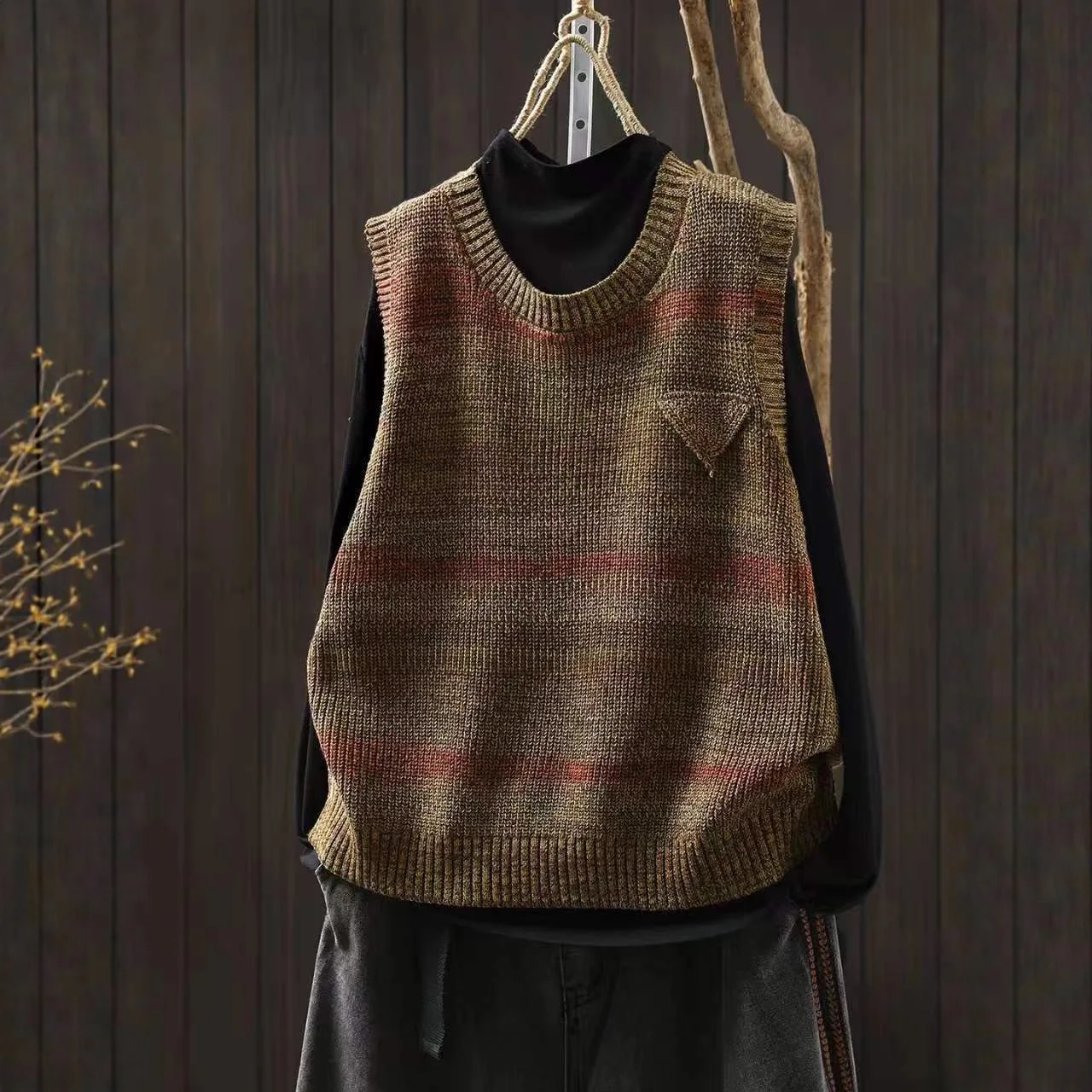 Gilet in maglia pullover senza maniche a righe vintage da donna di alta qualità Gilet senza maniche esterno casual vestibilità ampia da donna