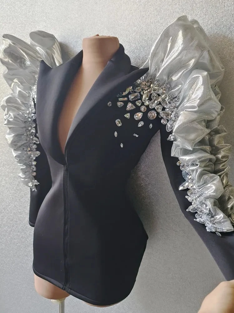 Diamanti Black Suit Stage Jacket Silver Trim Singer Stage Show Dress Party Drag Queen Performance Costume