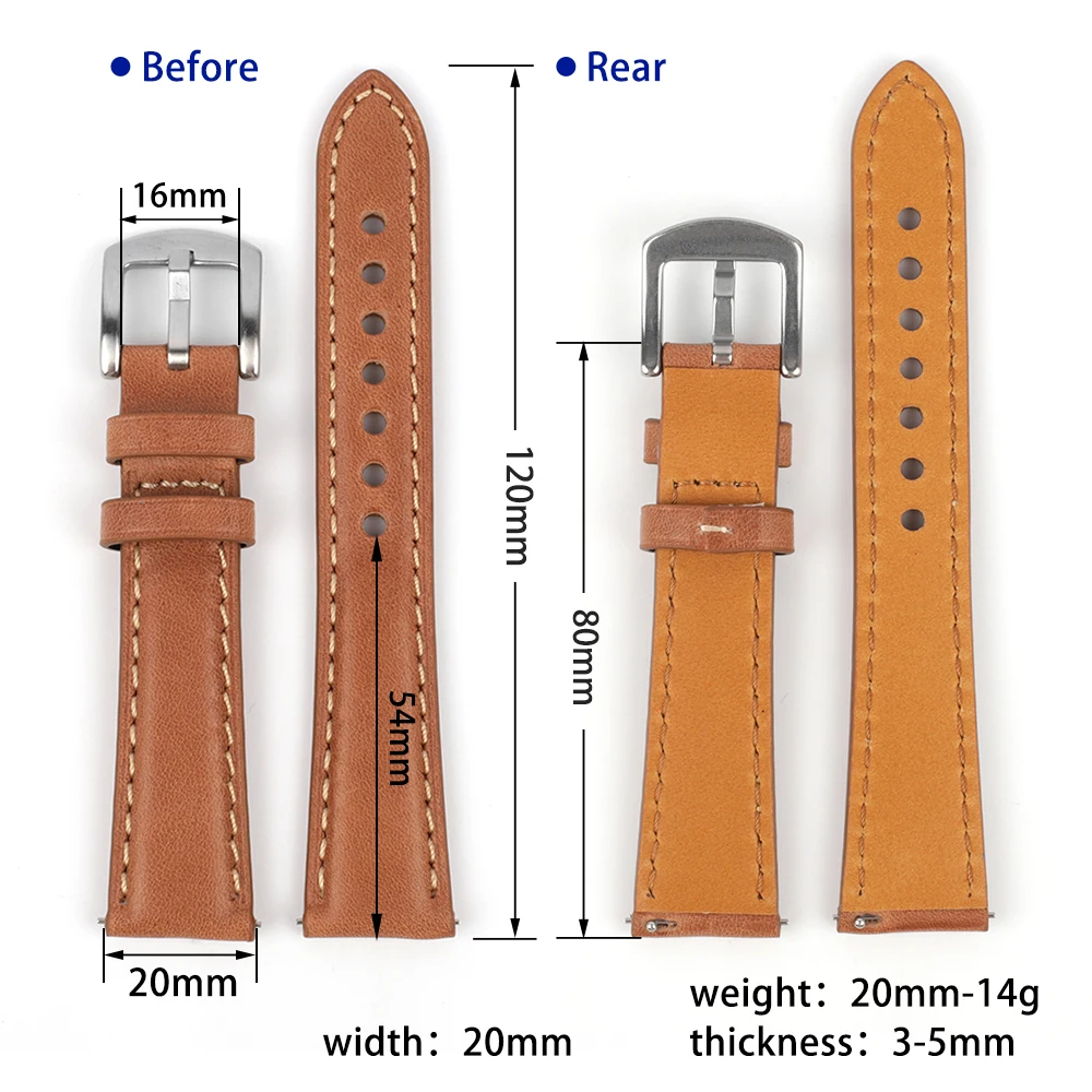 Genuine Leather Handmade Stitching Soft Watch Band 20mm 22mm Quick Release Strap for Women Men Watchband Replacement Accessories