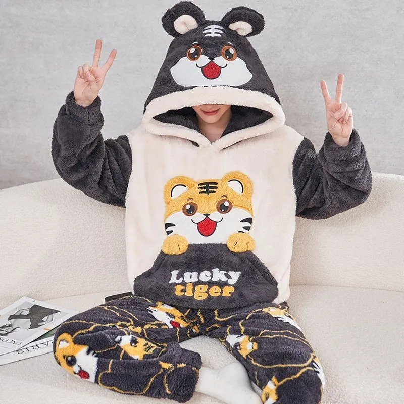 Pijama de franela gruesa para mujer, conjunto de ropa de dormir con diseño de perro, Panda, Tigre, joven, Coral, para Otoño e Invierno
