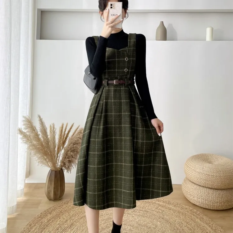 Autumn Winter Lady fashion Overalls 2 Piece Set Dress Women Turtleneck Knitted Sweater Top + Plaid Tweed Slim Big Swing Dress