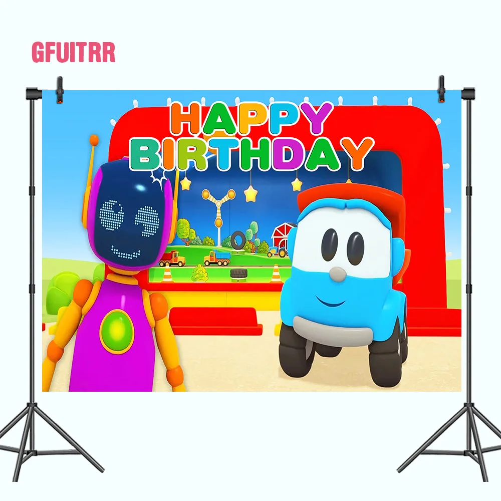 GFUITRR Leo The Truck Photography Backdrop Kid Birthday Baby Shower Photo Backdrop Custom Banner Decor Photo Studio Photocall