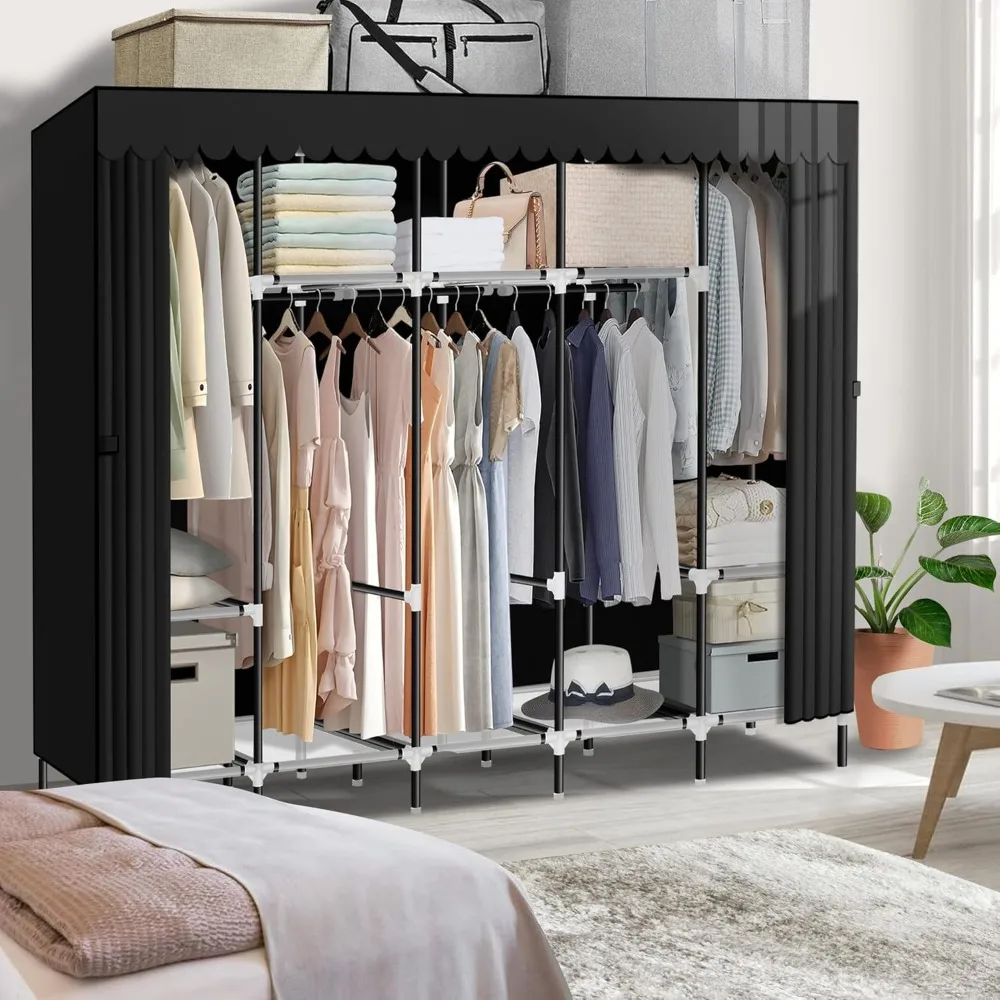 Portable Closet, Great Size 82-Inch Portable Wardrobe with 5 Hanging Areas and 10 Storage Shelves, Black Portable Closets for H