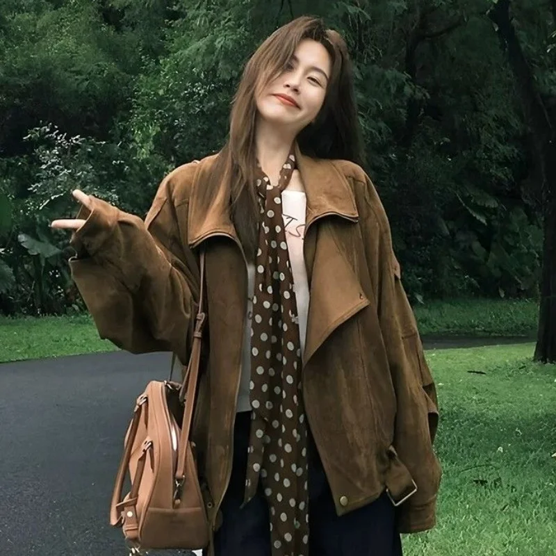Women Autumn Winter Vintage Maillard Locomotive Design Jacket Girls Stylish Locomotive Relaxed Silhouette Suede Jacket