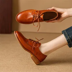 New Autumn Genuine Leather Women Pumps Fashion Round Toe Shoes for Women Chunky Heel Lace Loafers Women Shoes Zapatos De Mujer