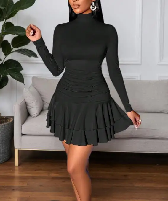 Women Dresses 2026 Spring Summer New Solid Color High Neck Long Sleeve Slim Fit Double Layered Ruffles Design Casual Mini Dress