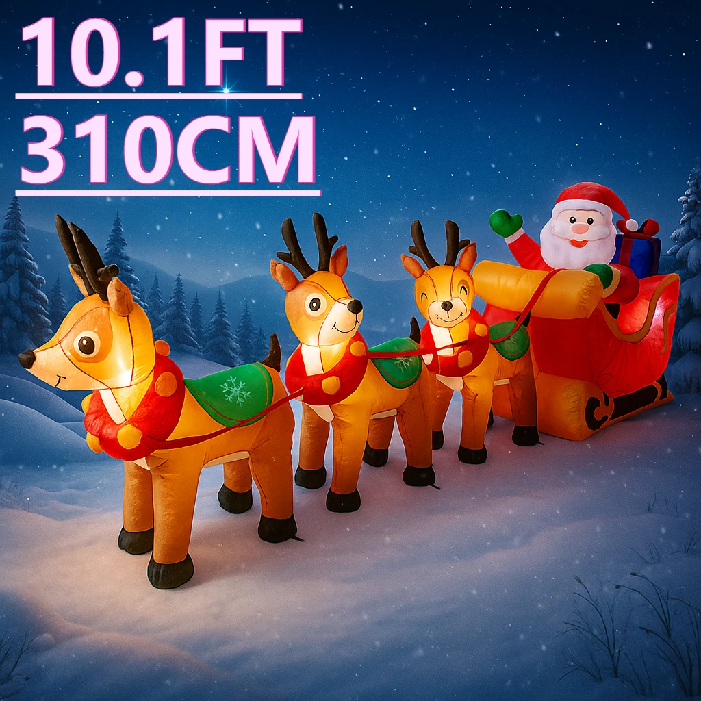 Decoración inflable LED de 10,1 pies para patio de Navidad, trineo de Papá Noel, adornos de decoración de 3 renos, regalos de juguete, suministros de Navidad, decoración navideña