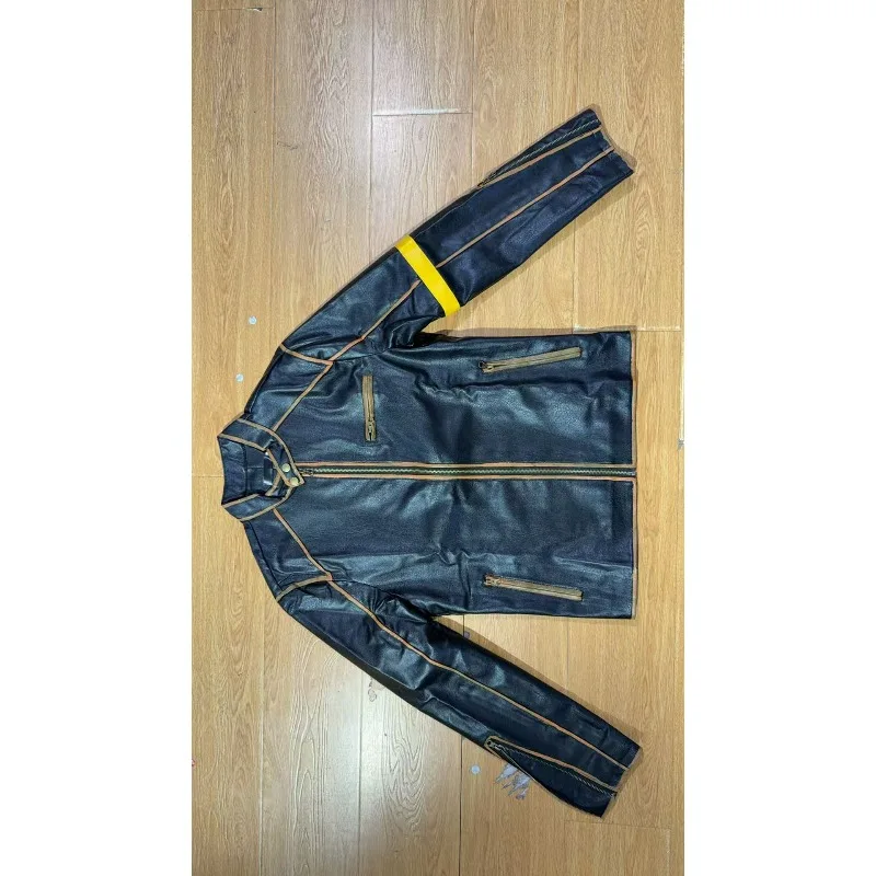 KIDWHXR Herbst Herrenjacke Motorrad Punk Stehkragen Reißverschluss Lederjacke Slim Fit Langarm Winddichte Oberbekleidung für Männer – Detail 7