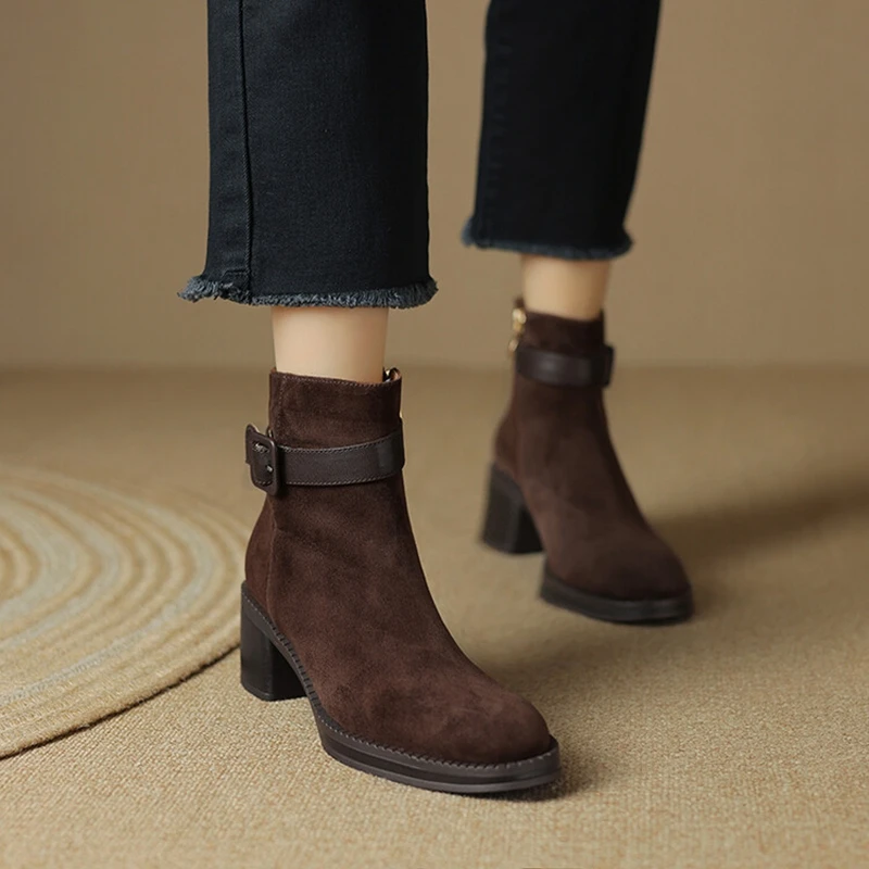 

NEW Autumn/Winter Women Boots Round Toe Chunky Heel Boots Sheep Suede Leather Shoes for Women Retro Ankle Boots botas de mujer