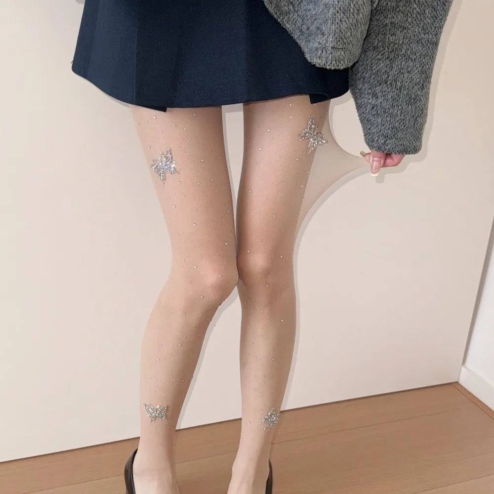 Fashionable Rhinestone Pantyhose High-elastic Skinny Fit Silk Stockings Comfortable Breathable Bow Butterfly Stockings