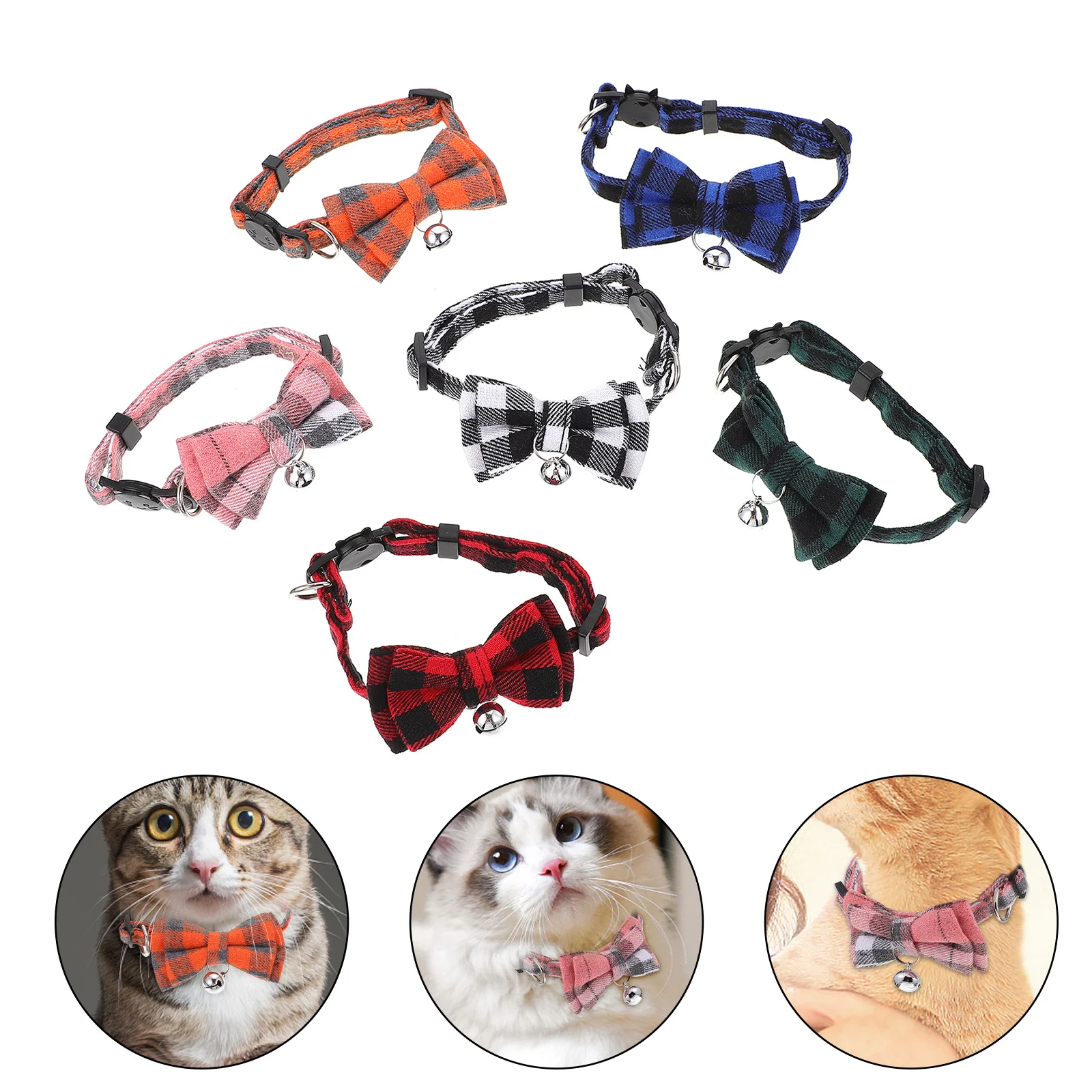 

6Pcs Cat Collars Bow Tie Plaid Adjustable Neck Collars with Bells for Pets Kitten Party Supplies Decorative Collar