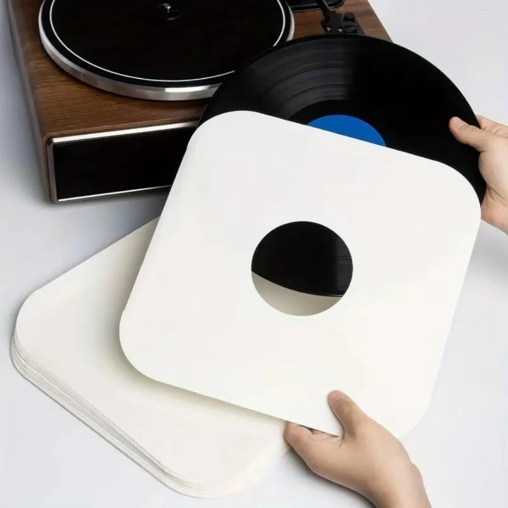 7/10/12 Inch Vinyl Record Sleeves Center Hole Round Corner Kraft Paper Bags with Poly-lined Anti-static White Storage Sleeves
