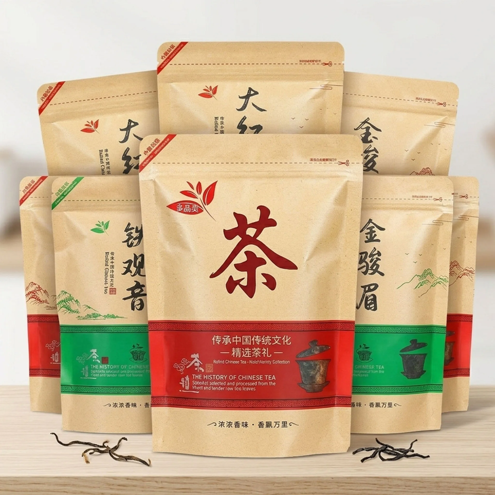 

Premium Empty Kraft Paper Tea Bags Stand Up Pouch for Tie Guan Yin Da Hong Pao Jin Jun Mei Longjing Green Tea Packaging Gift Set