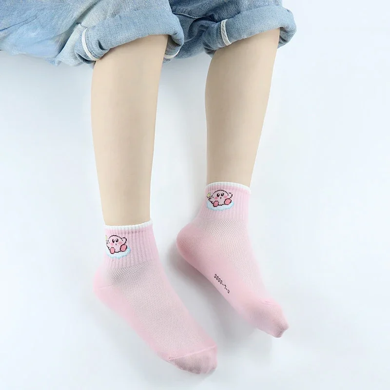 5pcs Kirby Girls Socks Cotton Mesh Kids Breathable Kawaii Cartoon Toddler Elastic Sports Socks Cute Children Short Socks 2-15y