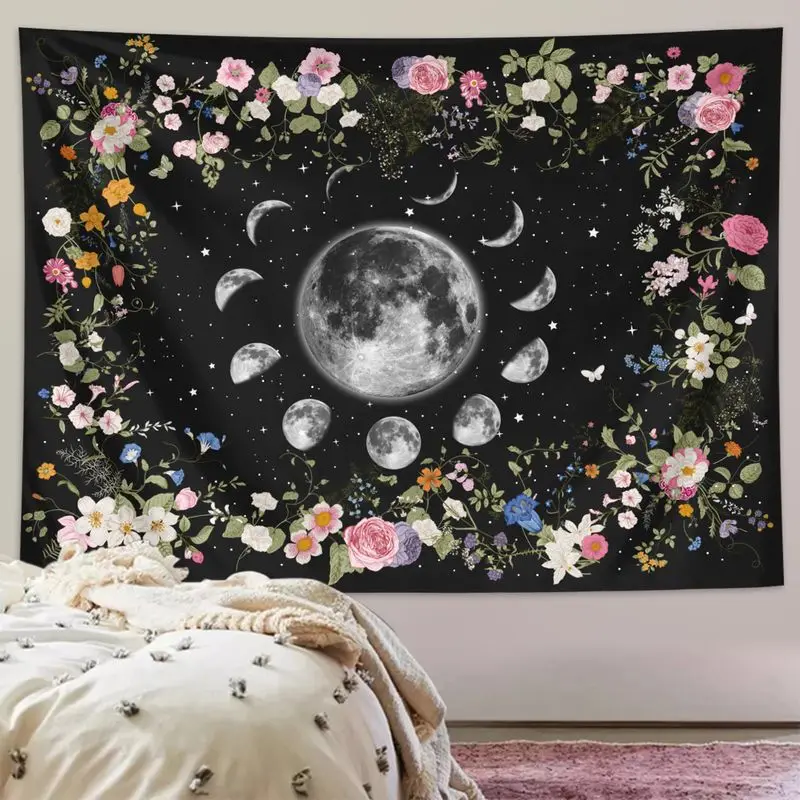 VIKAMA Full Moon Moon Phase Flower Plant Tapestry, Enchanted Wall Art Background Cloth for Nature-Inspired Aesthetic Decor
