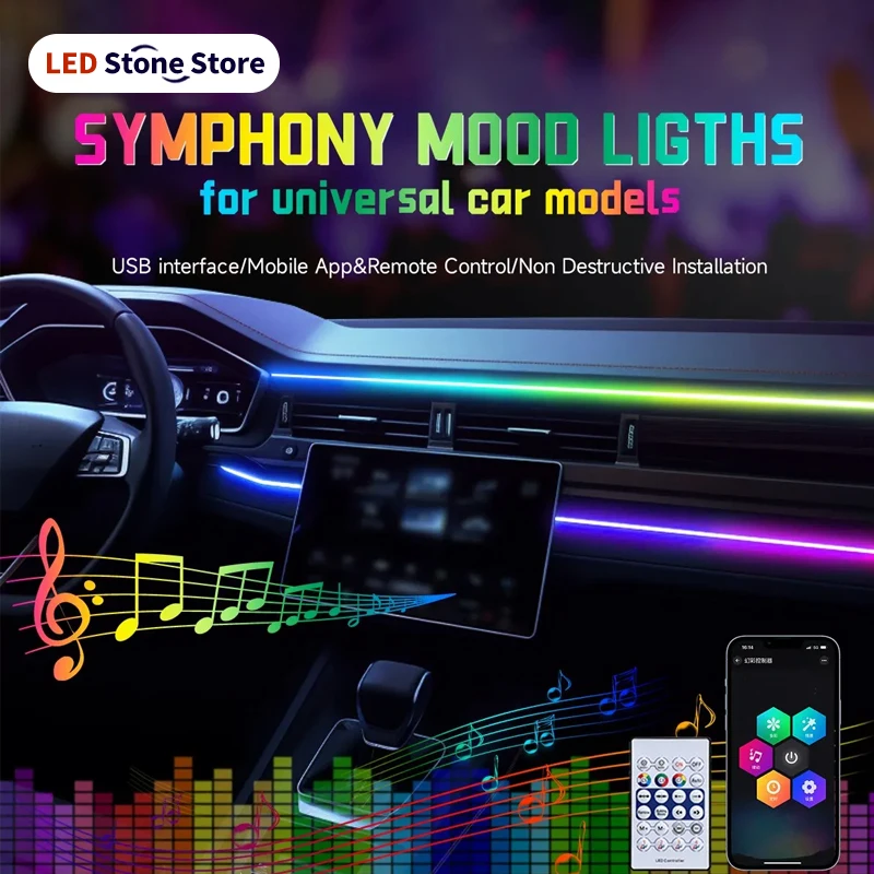 Car LED Ambient Light USB 64 Colors Acrylic Strips 110cm Full Colors RGB Car Interior Hidden App Remote Control Atmosphere Lamp