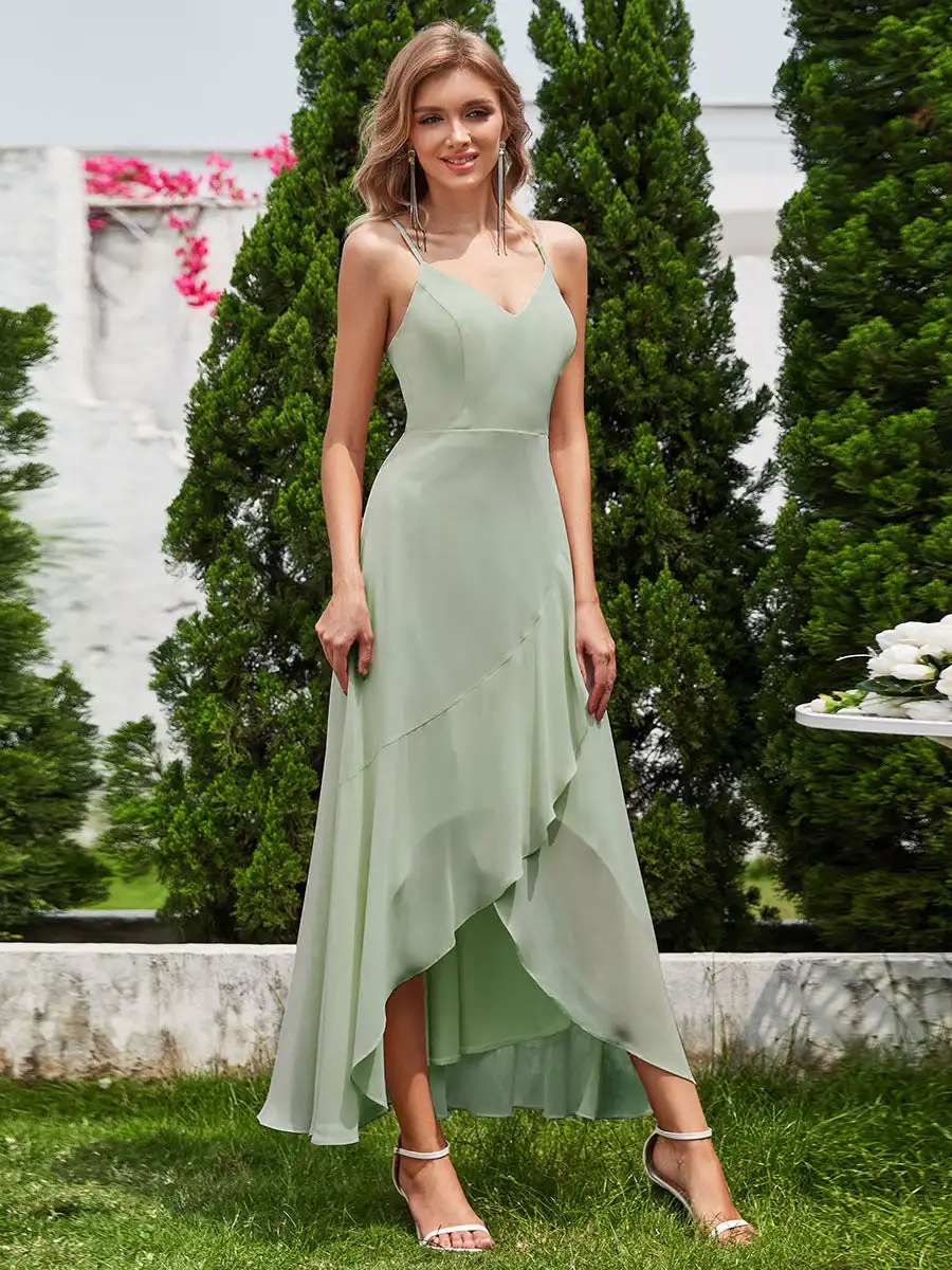 

Elegant Evening Dresses V Neck Lotus Leaf Asymmetrical Hem 2024 BAZIIINGAAA of A-Line Chiffon Mint Green Bridesmaids Dress