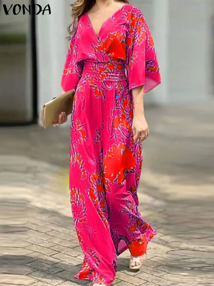 Plus Size Jumpsuits Women VONDA Summer Printed Long Romper 2024 Sexy V-Neck Flare Sleeve Casual High Elastic Waist Playsuits