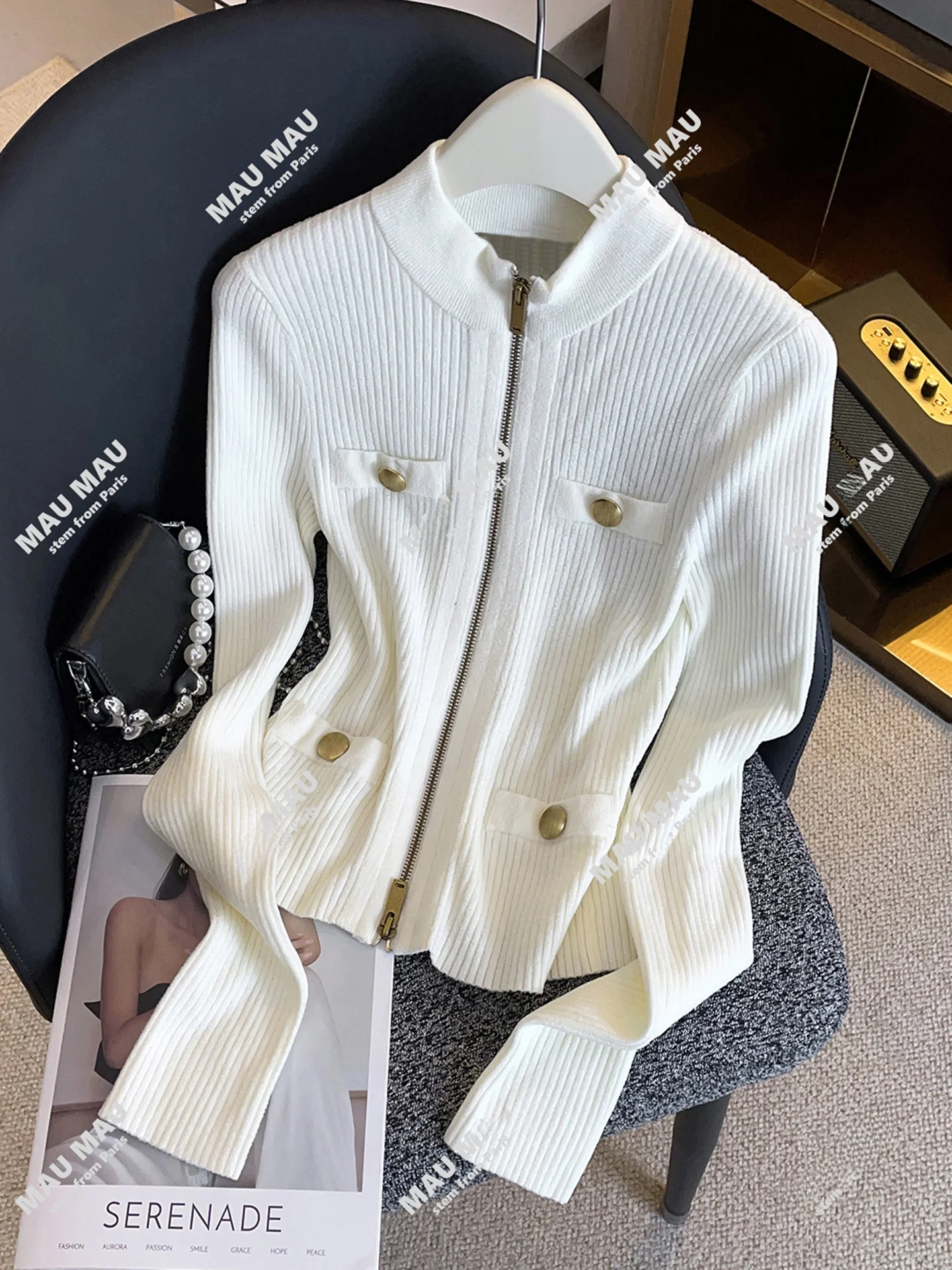 

Ele ort Вязаный открытый кардиган Женский топ Простой воротник-стойка Long Sve Commute Faion Базовый цвет Blo Design