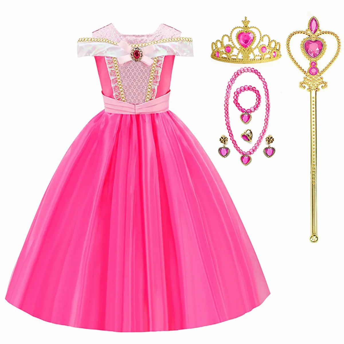 Meisjes Slapende Schoonheid Aurora Prinsessenjurk Halloween Cosplay Kostuum Off Shoulder Kinderen Fancy Party Kinderkleding 4-10 Jaar