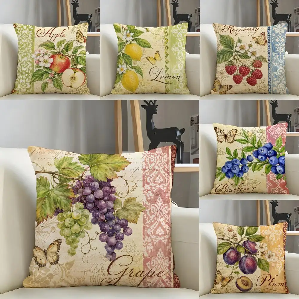 Fruit Strawberry Flowers Cushion Cover Natural Linen Pillow Case Organic Fabric Double Sided Print Sofa Home Decor Gift