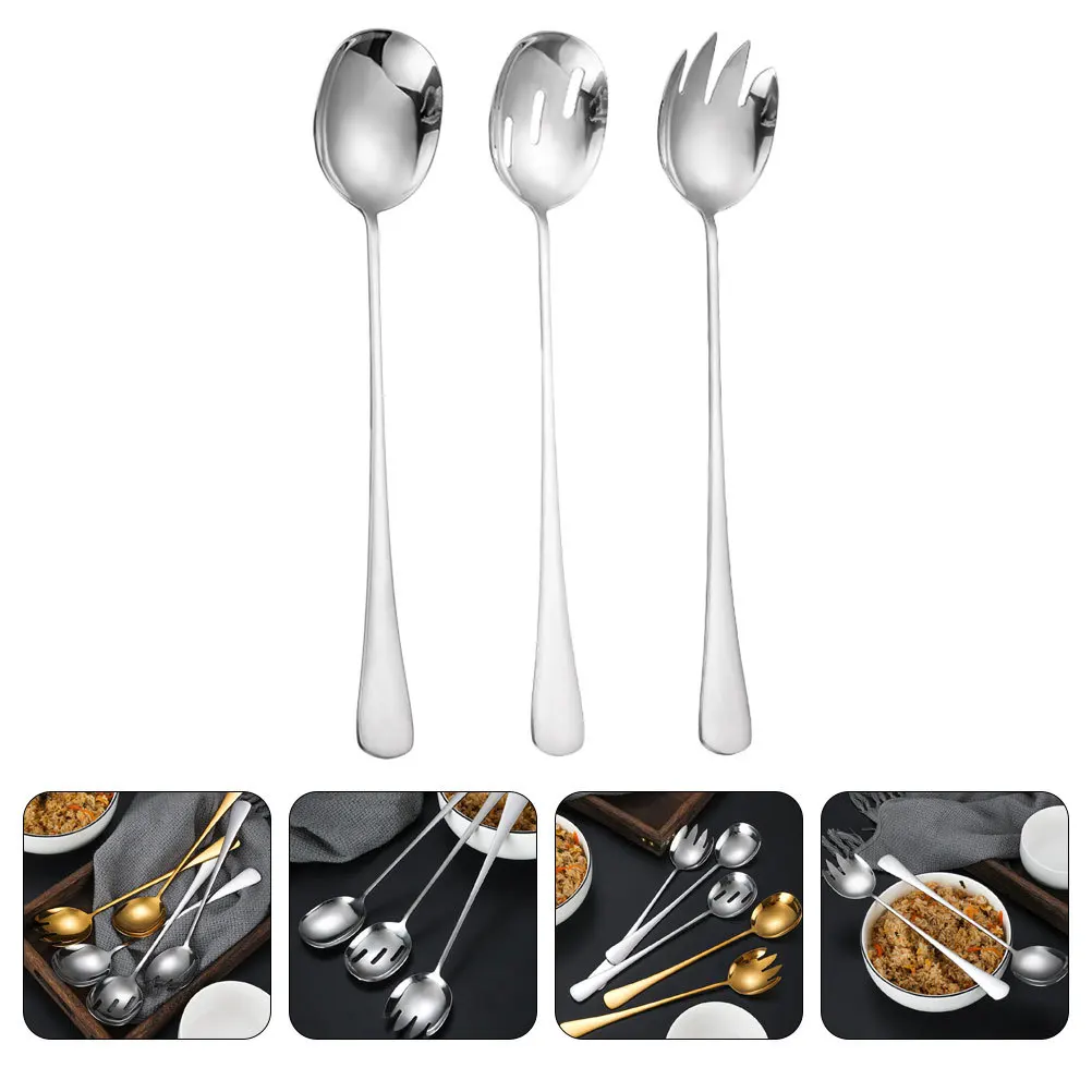 

3pcs Stainless Steel Salad Fork Spoon Set Rust-Resistant Simple Design For Picnic Party Fruit Serving Kitchen Utensils Tableware