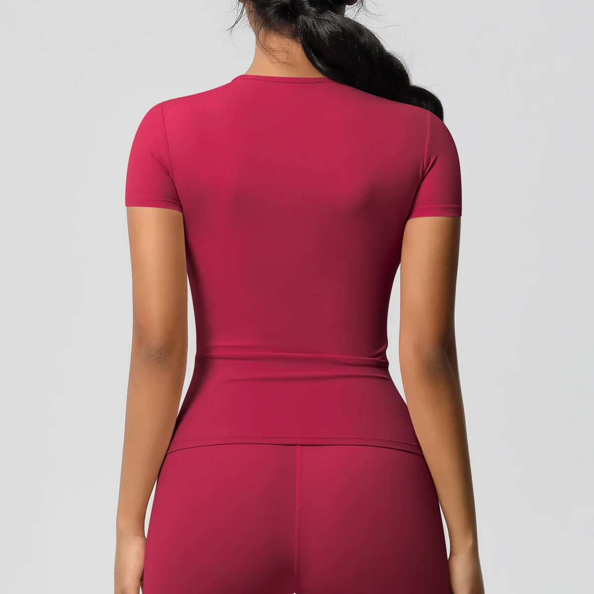 Women's Two-side Brushed Solid Color Long Training Sports Short--sleeve T-shirt Running Fitness Yoga Wear (tops only)