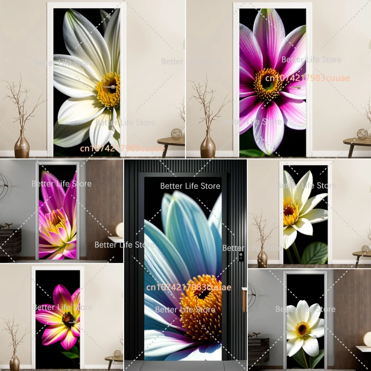 

Flower Set Door Sticker 3D Plant Lotus Daisies Creative Mural Vinyl PVC Self-adhesive Waterproof Bedroom Glass Door Sticker