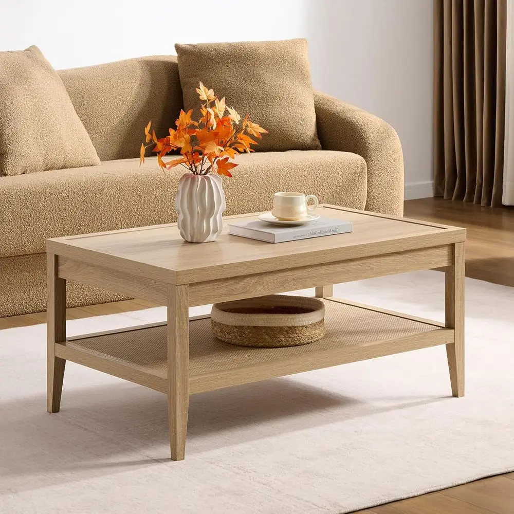 

Журнальный столик из ротанга с местом для хранения, большой круглый журнальный столик 37,5 дюймов с 2-уровневыми полками, центральный столик в стиле бохо для гостиной, O