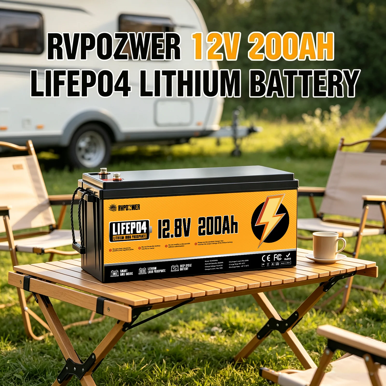 RVPOZWER LiFePO4 Lithium Iron Phosphate Battery, Built-in 200A Smart BMS, 15000+ Deep Cycles, 2560Wh 12V 200Ah Rechargeable Energy Storage Battery for Marine, RV, Off-Grid Solar Applications