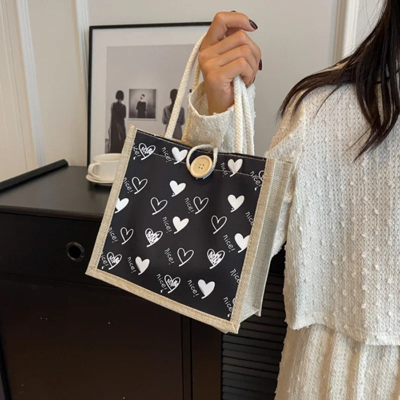 Borsa Tote da donna borsa con bottoni in lino borsa per la spesa di grande capacità regalo organizzatore da spiaggia borsa per la spesa portatile borsa per il pranzo