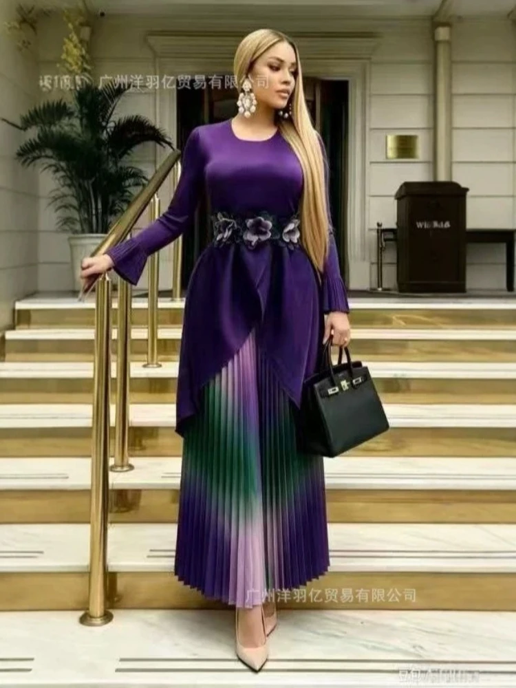 EGRM Wide Leg Pants Two-Piece Sets Fashion 3D Floral Elegant Party Gradient Color New Miyake Pleated Plus Size Women's Clothing