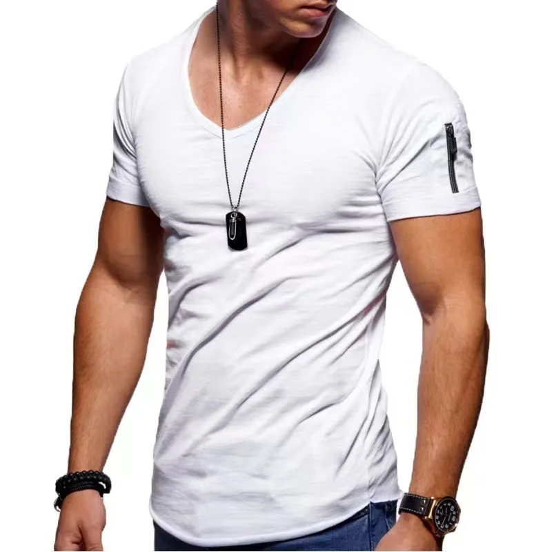 New Men\'s Short Sleeved V-neck T-shirt Men\'s Solid Color Slim Fit Base Shirt Sleeve Zipper Fashionable Sports T-shirt