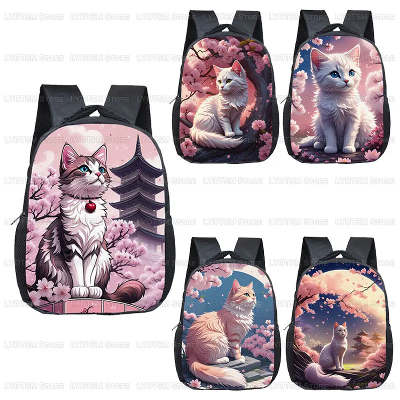 

12inch Cute Japan Cherry Blossom Cat Small Backpack for 2-4 Years Old Cartoon Animal Kids Baby School Bags Children Bookbag Gift